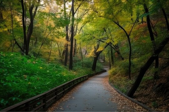 Beautiful picture of a park path with trees on either side of it. Generative AI
