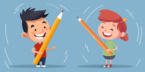 Students with a pencil. Boy and girl in full growth with a pencil in flat style.