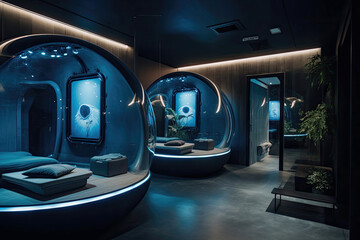 Hotel With Zerogravity Meditation Room And Sensory Deprivation Tanks. Future. Generative AI - obrazy, fototapety, plakaty
