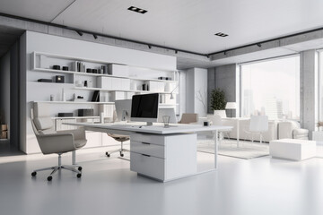 Fototapeta na wymiar Minimalist Office With White Furniture. Generative AI