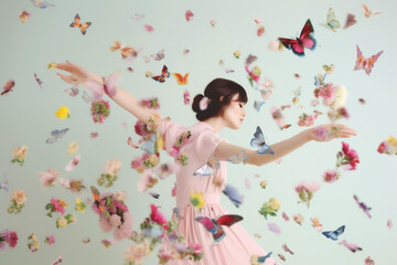 Fototapeta premium woman beauty spring falling colorful girl flower flying art peony fashion. Generative AI.