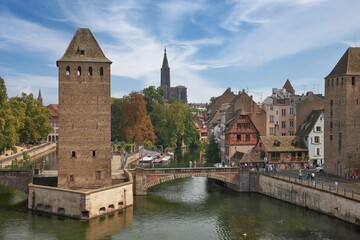 Fototapeta na wymiar Scenic view of the covered bridges located in Strasbourg, France