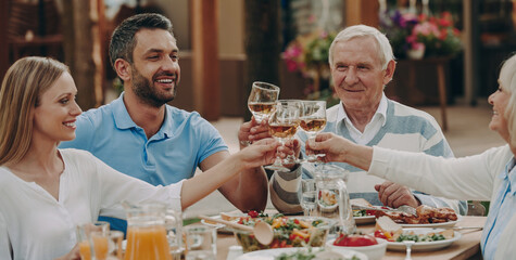 Happy multi-generation family toasting with wine while enjoying dinner outdoors together