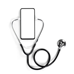 Mobile phone mockup for medical app. Smartphone white screen mockup and stethoscope for health...