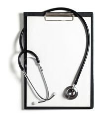 Blank medical clipboard with stethoscope on white background concept. Copy space.