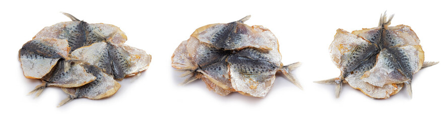 Dry salted yellowstripe scad. Dried small fish isolated, selaroides snack, stockfish beer snacks, dried flat fillet