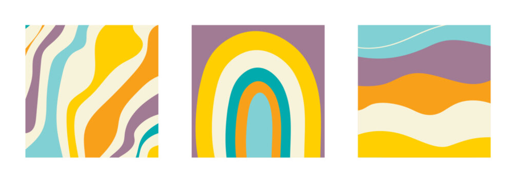 Set of square backgrounds for social media posts. Retro groovy wavy multicolored pattern. Abstract irregular shapes and lines. Rainbow. Vector illustration