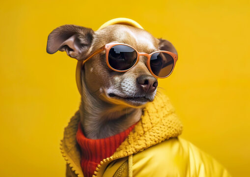 Cool chihuahua poses in the photo studio. Despite being in an unfamiliar environment, the animal feels good. AI generated illustration.