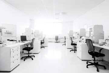 Fototapeta na wymiar Modern software research laboratory, white walls and high key interior. Modern office interior design. High quality generative ai