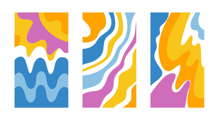 Set of retro groovy prints 60s-70s. Summer abstract social media stories. Sea waves and sun, abstract shapes and waves, marine strange psychedelic backgrounds