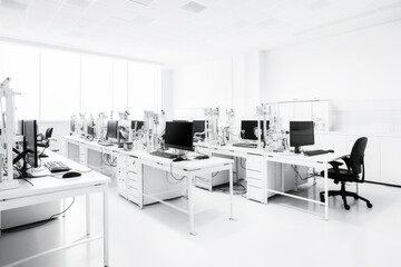 Modern software research laboratory, white walls and high key interior. Modern office interior design. High quality generative ai