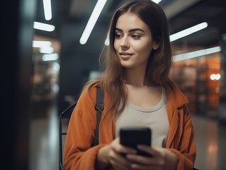 Glückliche Frau beim Einkaufen mit dem Handy in modernem Supermarkt, generative AI.