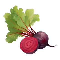 A Whole and Half Beetroot with Leaves Isolated Hand Drawn Painting Illustration