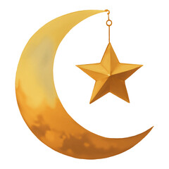 Islamic Golden Crescent Moon and Star Isolated Hand Drawn Painting Illustration