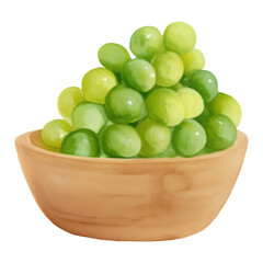 Green Grapes on Wooden Bowl Isolated Hand Drawn Painting Illustration
