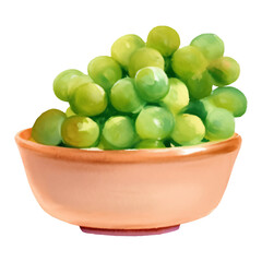 Green Grapes on Wooden Bowl Isolated Hand Drawn Painting Illustration