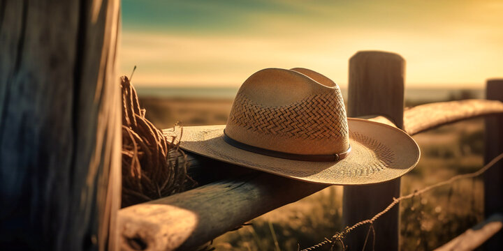 a cowboy's hat near a fence,