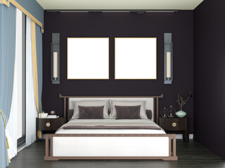 Interior of modern bedroom with dark purple walls, wooden floor, comfortable king-size bed with two vertical posters on the wall.