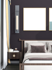 Mockup poster frame in the modern bedroom interior. AI Generative