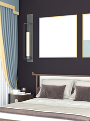 Dark bedroom interior with double bed and blank poster. AI Generative