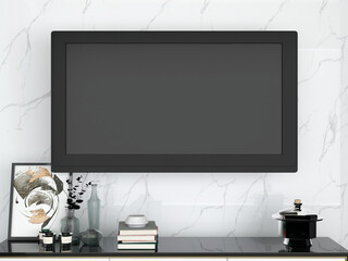 TV on black cabinet in the modern living room with white marble wall. AI Generative