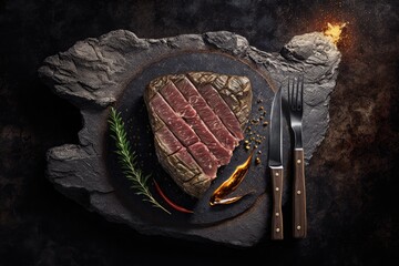 spiced up, grilled cowboy steak on a knife with copy space for your content on a stone background. Generative AI