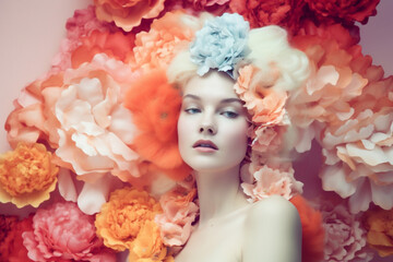 art woman portrait person flower summer beauty peony spring bouquet fashion. Generative AI.