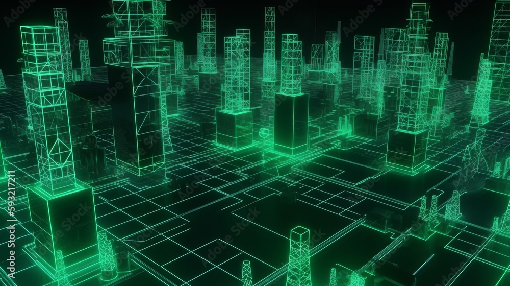 Poster smart grid and communication concept. green, futuristic digital style. 3d render generative ai