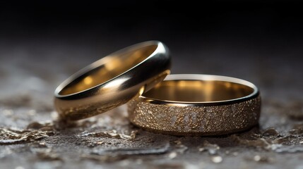 Two gold wedding bands on textured glitter Generative AI
