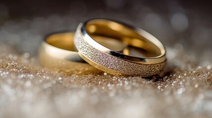 Two gold wedding bands on textured glitter Generative AI