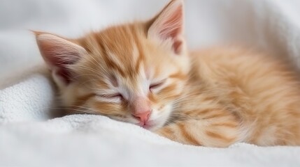 Fototapeta na wymiar Cute little red kitten sleeps on fur white blanket Generative AI