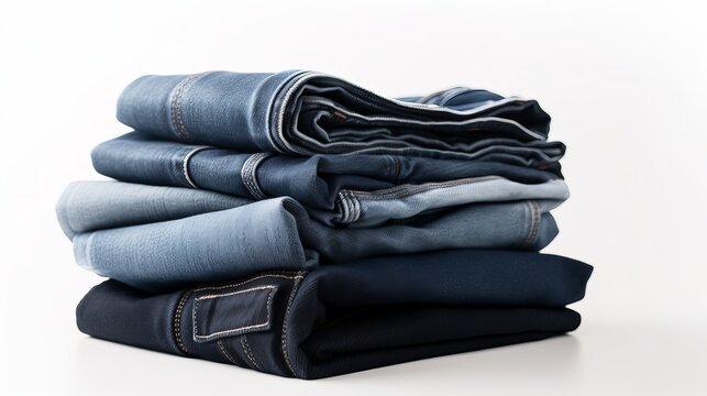 Diverse folded jeans lying in stack on white background Generative AI