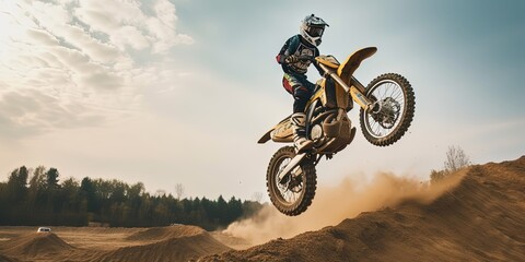 jumping mountain motocross race biker in action, by ai generative  - obrazy, fototapety, plakaty