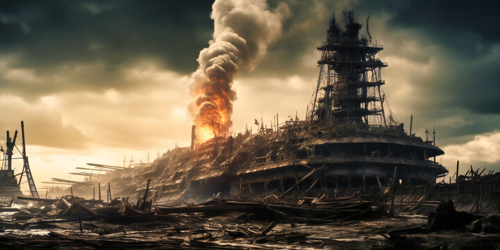 building destroyer with flames of steam in the destruction of a city,