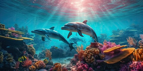 Dolphins underwater. Colorful. Generative AI