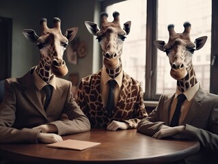 Several giraffes in a business suit. Generative AI