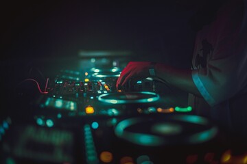 Obraz premium Selective focus of a DJ playing music at a party with cool glowing blue lights in a dark atmosphere