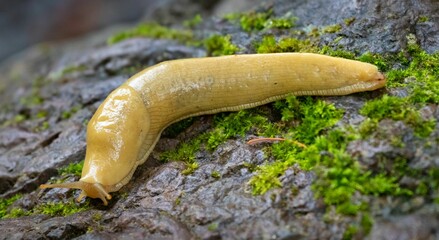 Closeup shot of a banana slug in the Pacific Northwest - obrazy, fototapety, plakaty