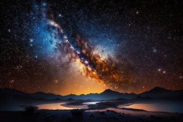 Fototapeta premium Milky way galaxy with stars and space dust in the universe, long speed exposure, Night landscape with colorful Milky Way, Starry sky at summer, Beautiful Universe, Space background. Generative AI