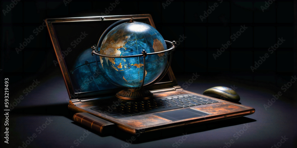 Poster a laptop open with a globe of security locked on it