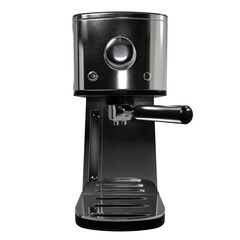 A black and silver espresso coffee machine was rendered in 3D and placed on a white backdrop.