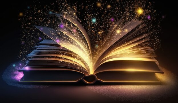 magic book with open pages and abstract lights shining