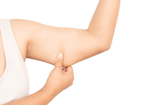 Closeup woman hand checking upper arm on white background health care and medical concept