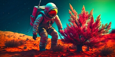 an astronaut planting a pine tree on the colorful planet