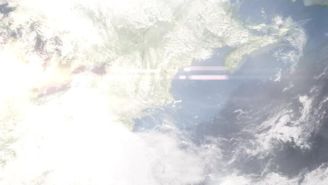 Earth zoom in from outer space to city. Zooming on Framingham, Massachusetts, USA. The animation continues by zoom out through clouds and atmosphere into space. Images from NASA