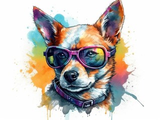 Funny Colorful Dog Portrait in Sunglasses. Trendy Sticker or T-shirt Design. Generative Ai
