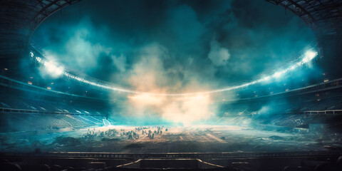 a stadium with smoke around and fire lighting,