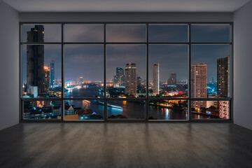 Empty room Interior Skyscrapers View Bangkok. Downtown City Skyline Buildings from High Rise Window. Beautiful Expensive Real Estate overlooking. Night time. 3d rendering. - obrazy, fototapety, plakaty