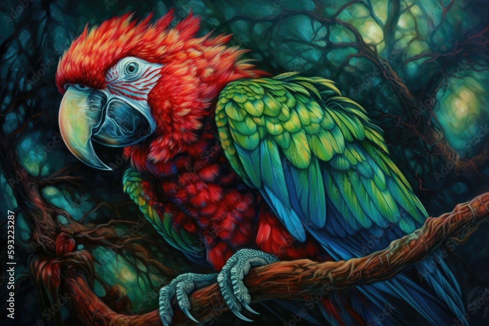 Sticker Colorful parrot perched on the branch, its feathers a riot of green, blue, and red. Oil color painting necronomicon illustrations. Generative AI