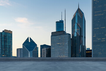 Fototapeta premium Skyscrapers Cityscape Downtown, Chicago Skyline Buildings. Beautiful Real Estate. Sunset. Empty rooftop View. Success concept.